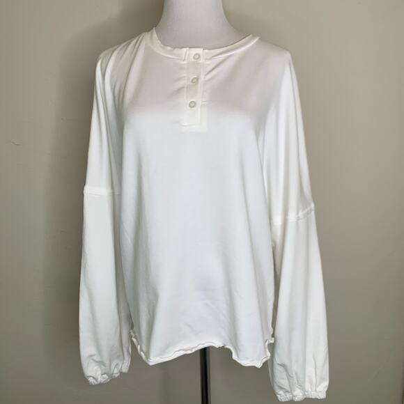 White Henley Shirt Full Gathered Sleeve Lettuce Hem Top Sz Medium - Picture 1 of 9
